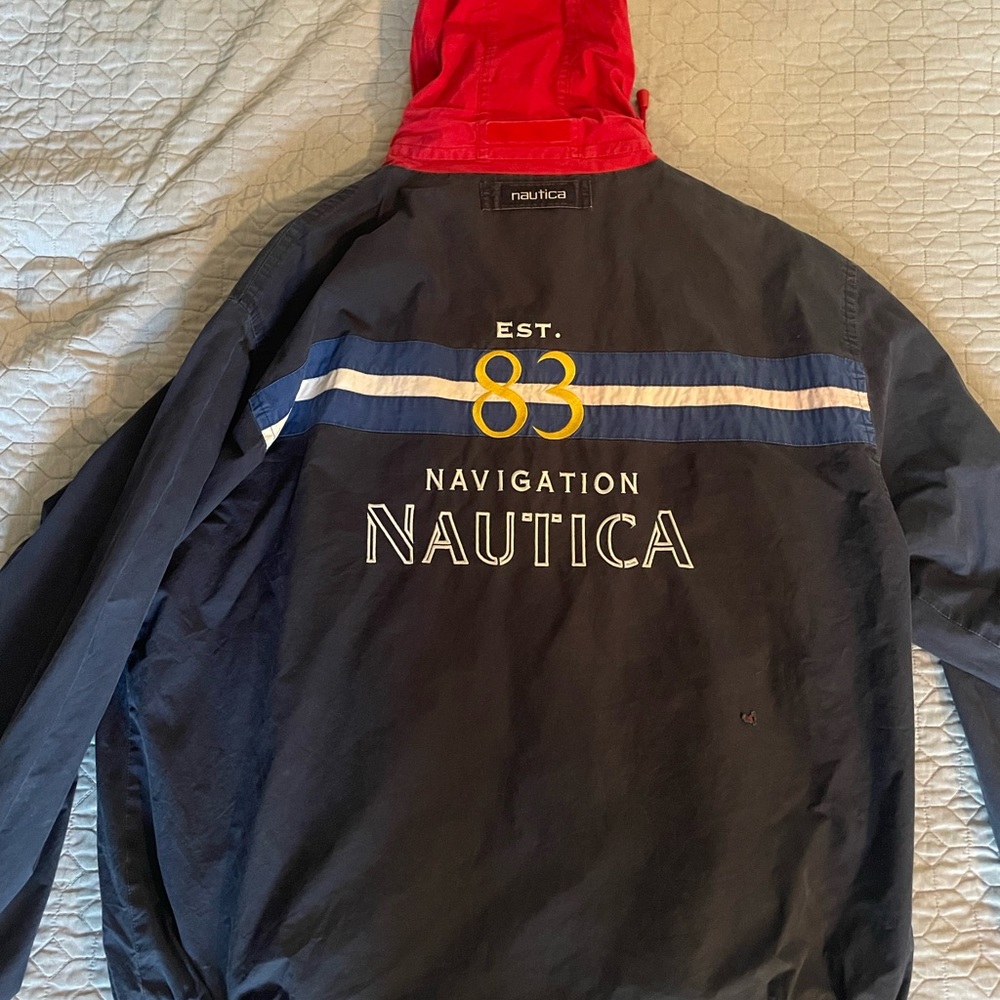Nautica windbreaker, super cool vintagereversible windbreaker with a Velcro hood